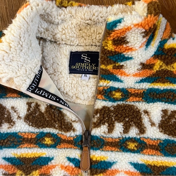 Simply Southern Cream and Multicolor Bear and Aztec Design Zip Up Sherpa Sweater - Picture 3 of 8